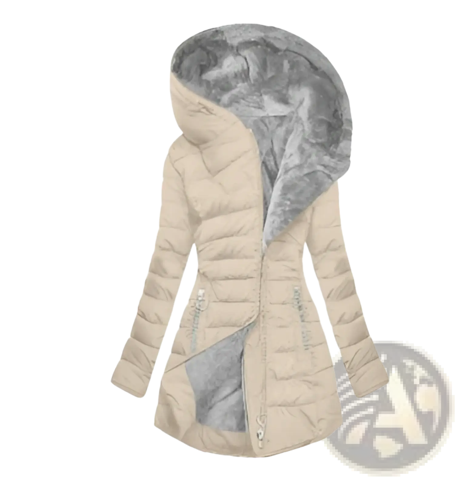 Beige faux fur hooded quilted winter jacket with a plush gray-lined interior for cold weather use