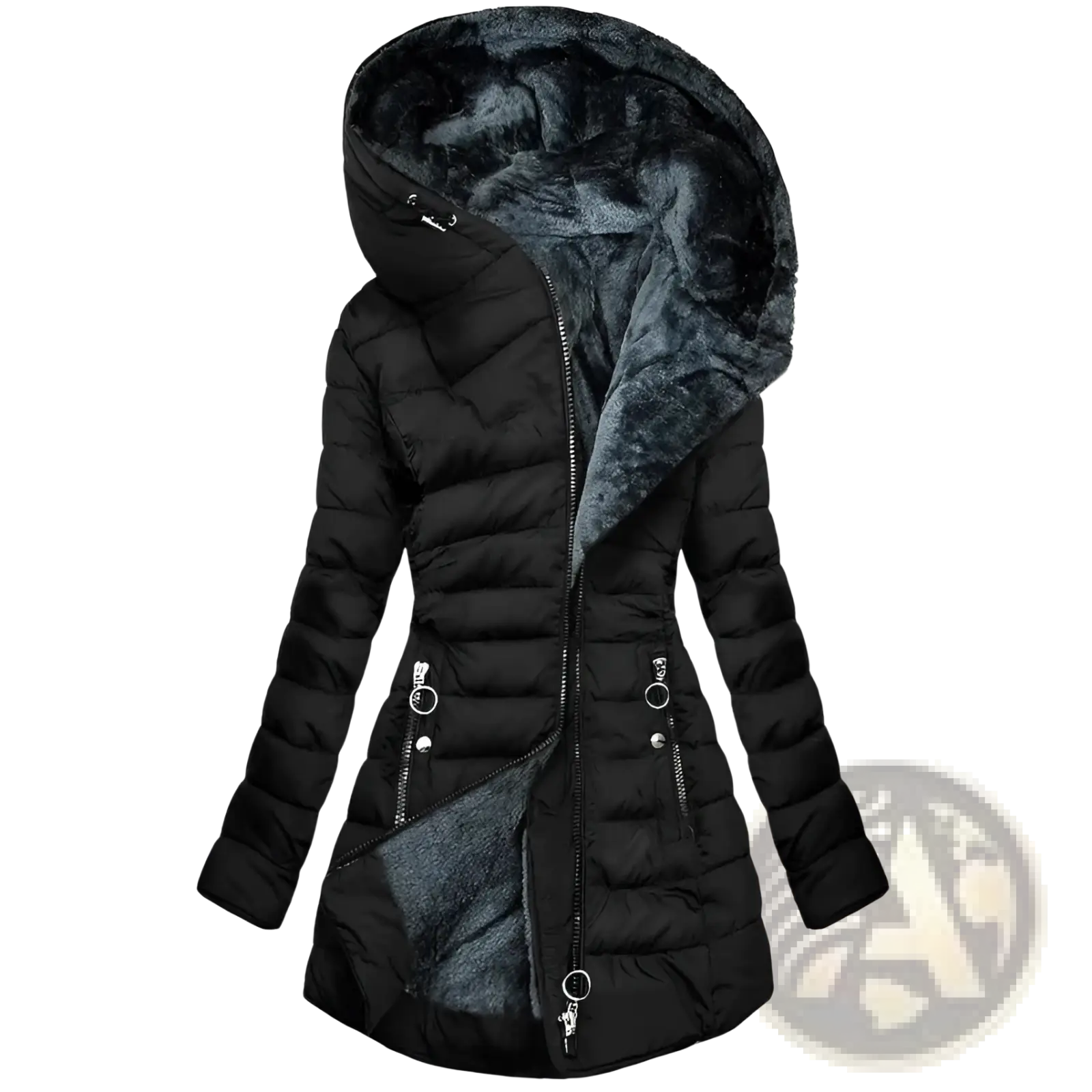 Black quilted winter jacket with plush dark gray faux fur-lined hood and matching interior lining for cold weather