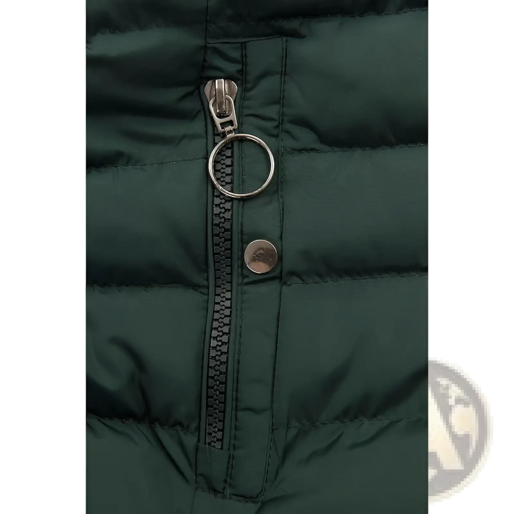 Dark green faux fur hooded quilted winter jacket with silver zipper pull key ring and small metallic button below