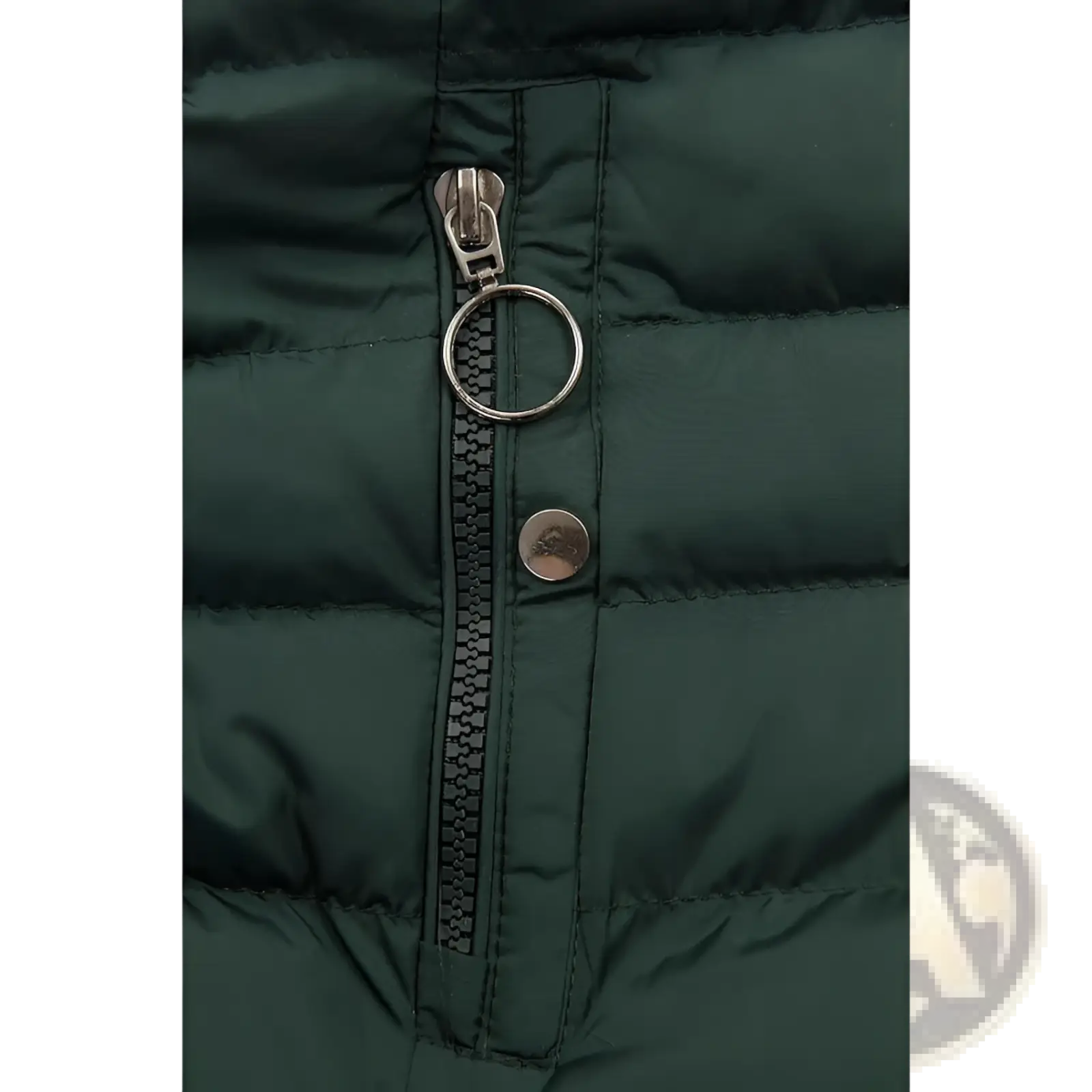 Dark green faux fur hooded quilted winter jacket with silver zipper pull key ring and small metallic button below