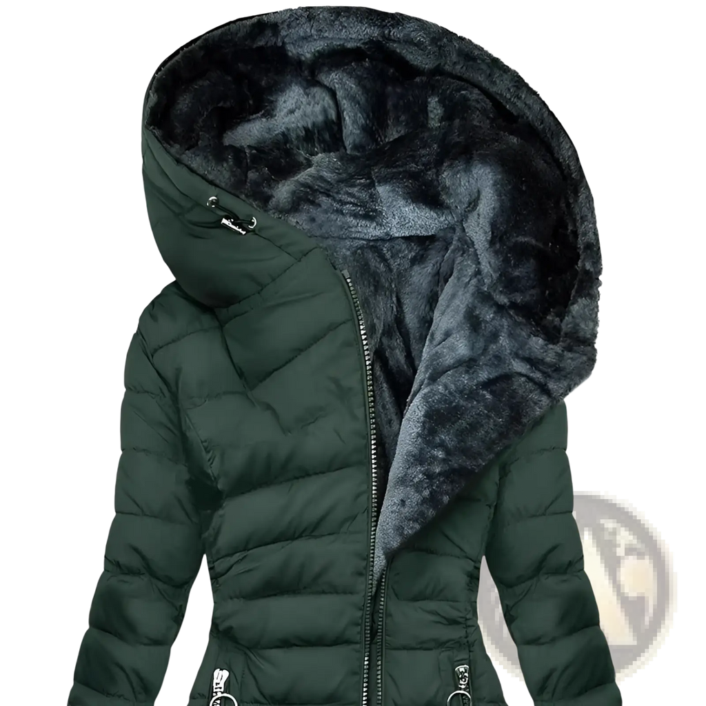 Dark green faux fur hooded quilted puffer jacket with plush lining designed for winter warmth and comfort