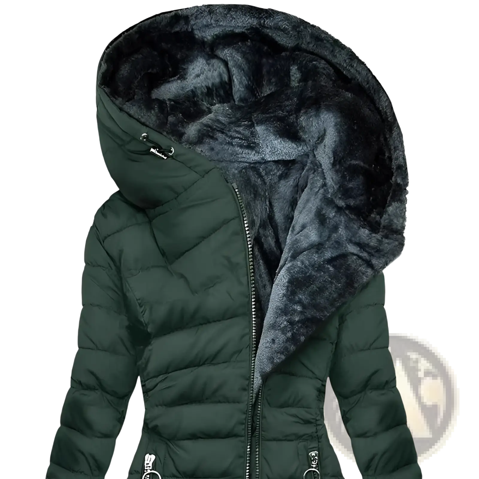 Dark green faux fur hooded quilted puffer jacket with plush lining designed for winter warmth and comfort