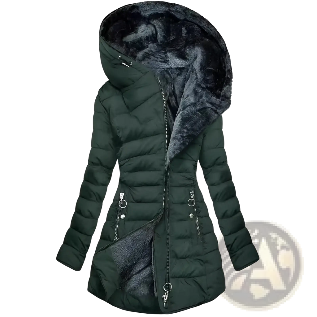 Dark green faux fur hooded quilted winter jacket with plush lining and matching interior for cold weather use