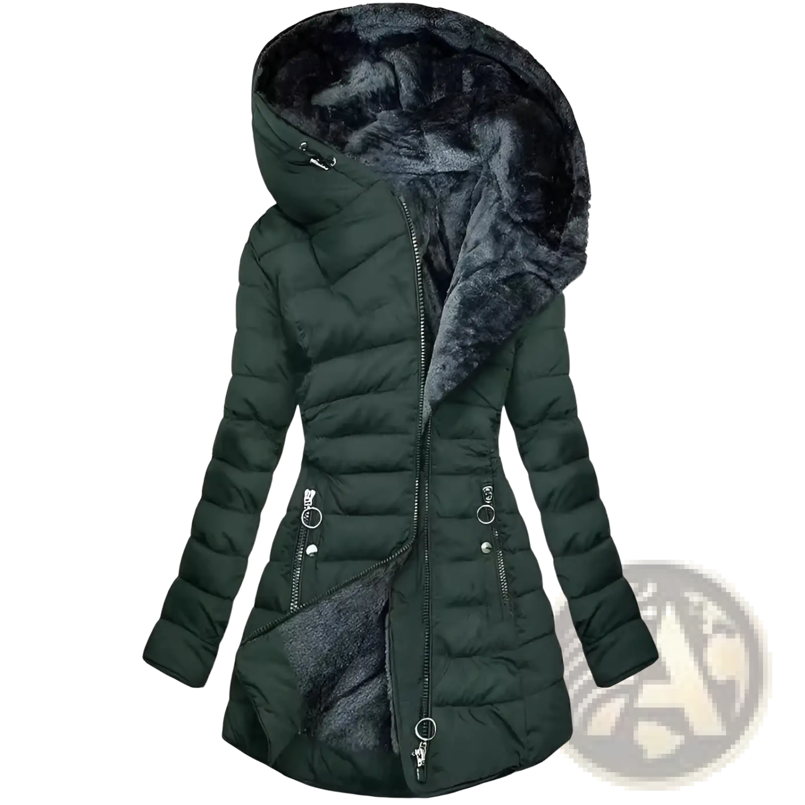 Dark green faux fur hooded quilted winter jacket with plush lining and matching interior for cold weather use
