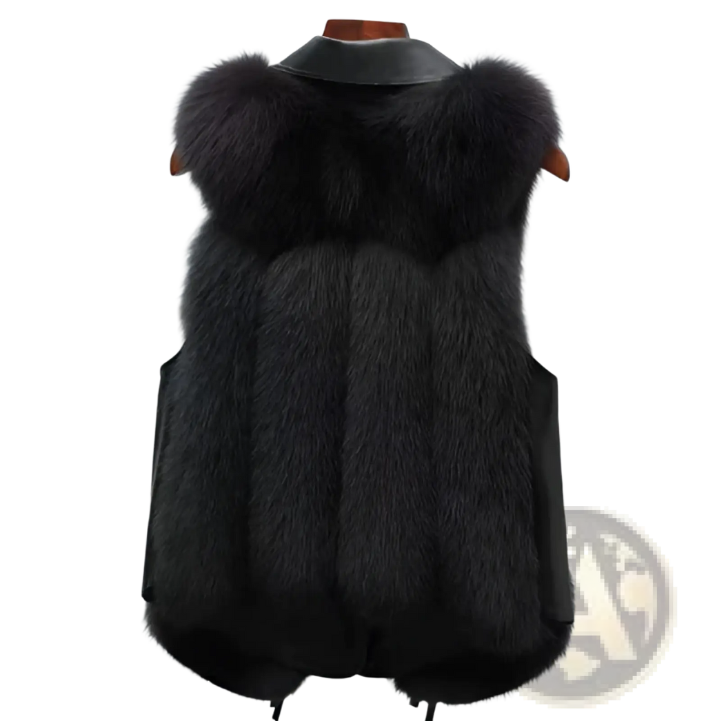 Black faux fur vest with plush texture and sleek leather collar perfect for stylish outerwear layering