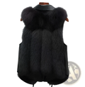 Black faux fur vest with plush texture and sleek leather collar perfect for stylish outerwear layering