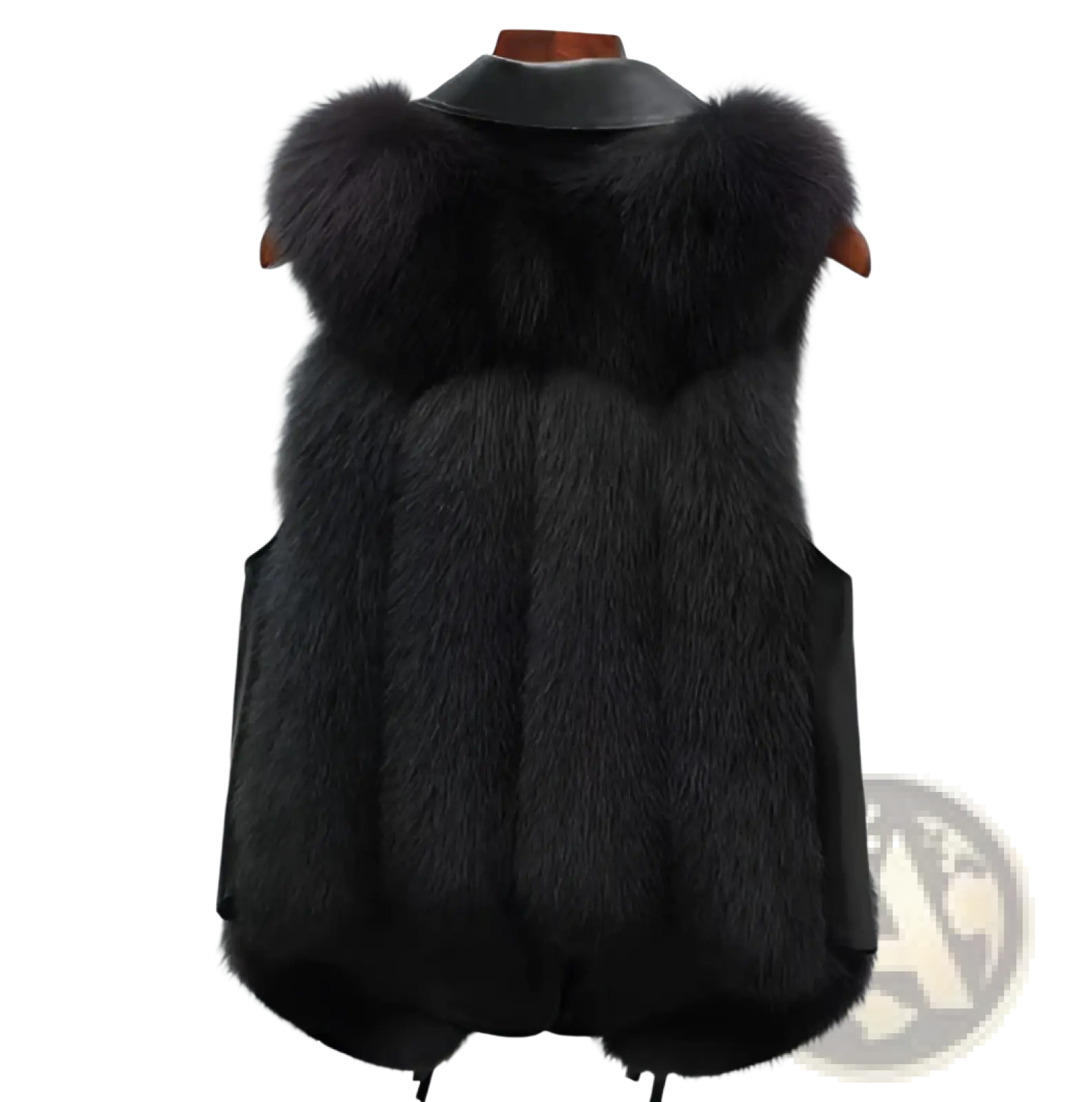 Black faux fur vest with plush texture and sleek leather collar perfect for stylish outerwear layering