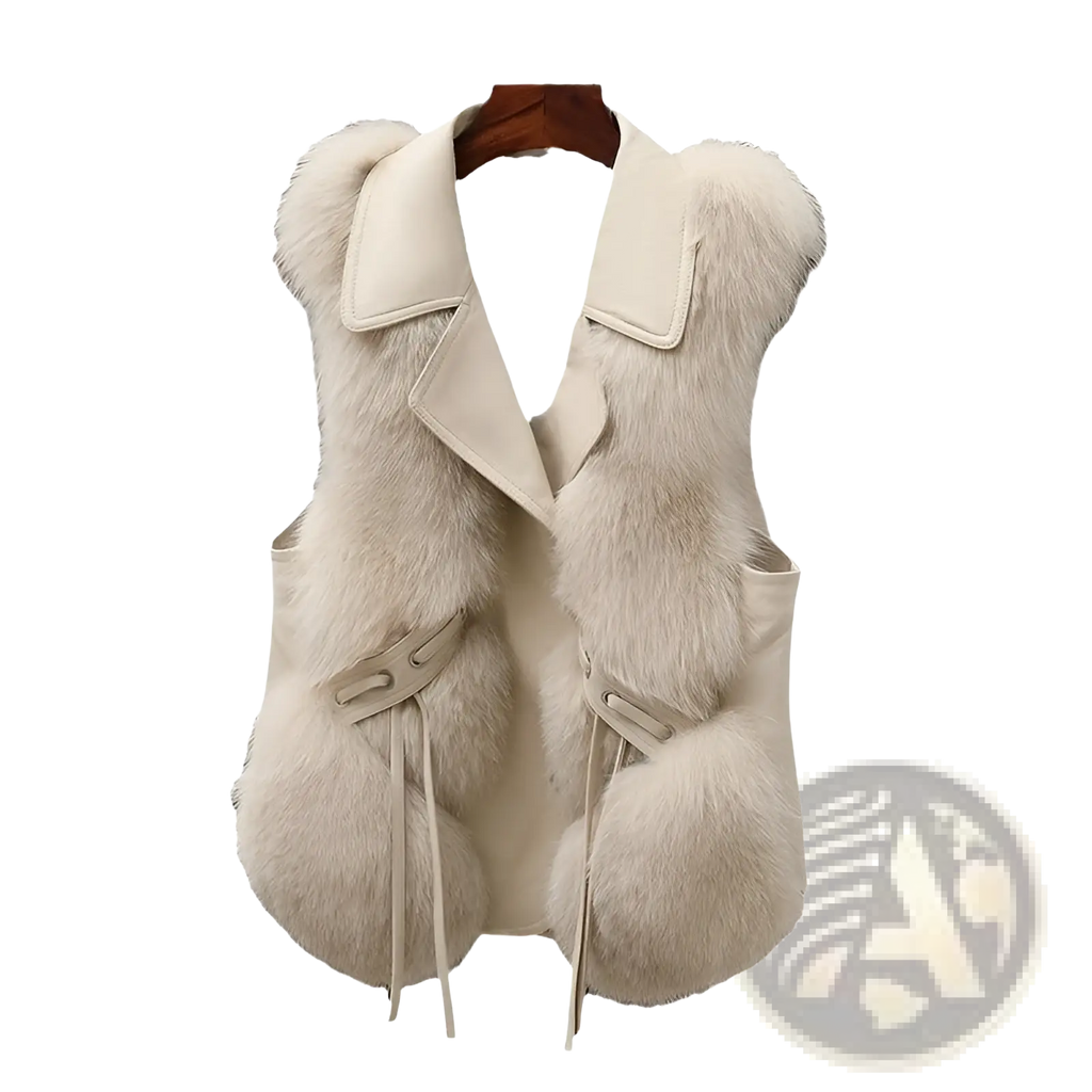 Cream-colored faux fur vest with leather collar and matching tie-down straps for stylish outerwear layering