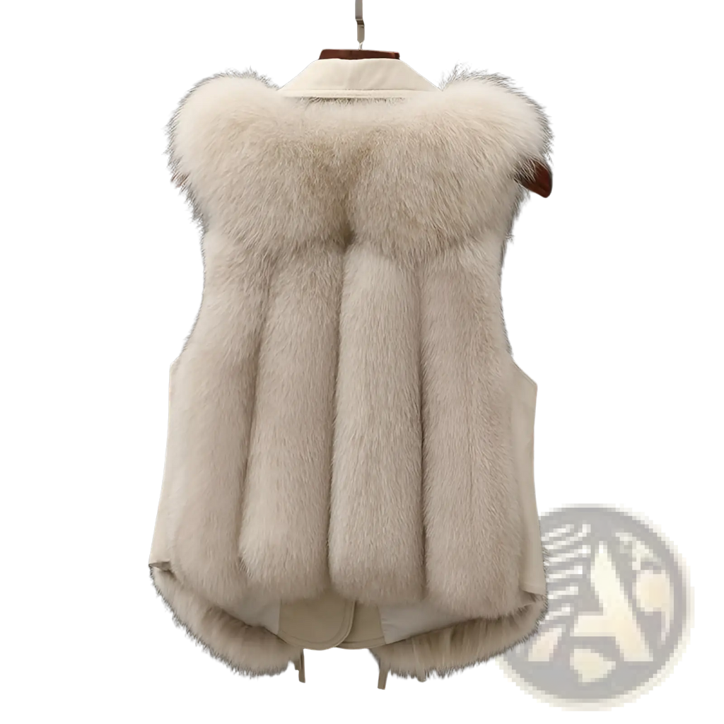 Cream-colored faux fur leather collar vest with plush voluminous collar and vertical seam detailing