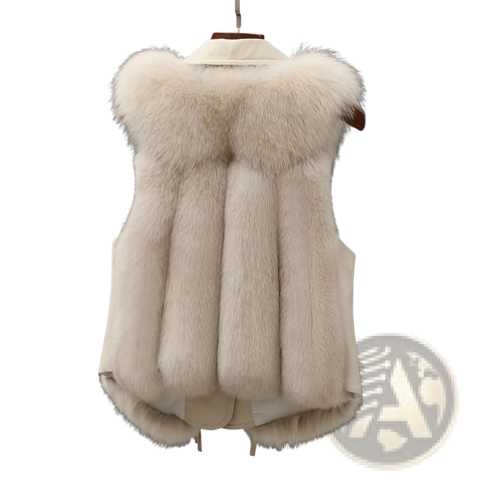 Cream-colored faux fur leather collar vest with plush voluminous collar and vertical seam detailing