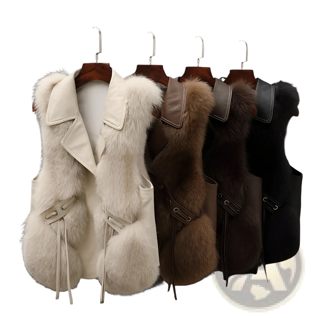 Cream-colored faux fur leather collar vest with a collar and side ties for stylish layering