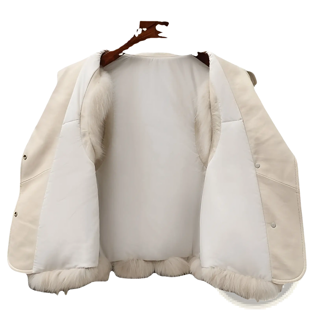 Cream-colored quilted faux fur leather collar vest with plush fur trim along collar sleeves and hem