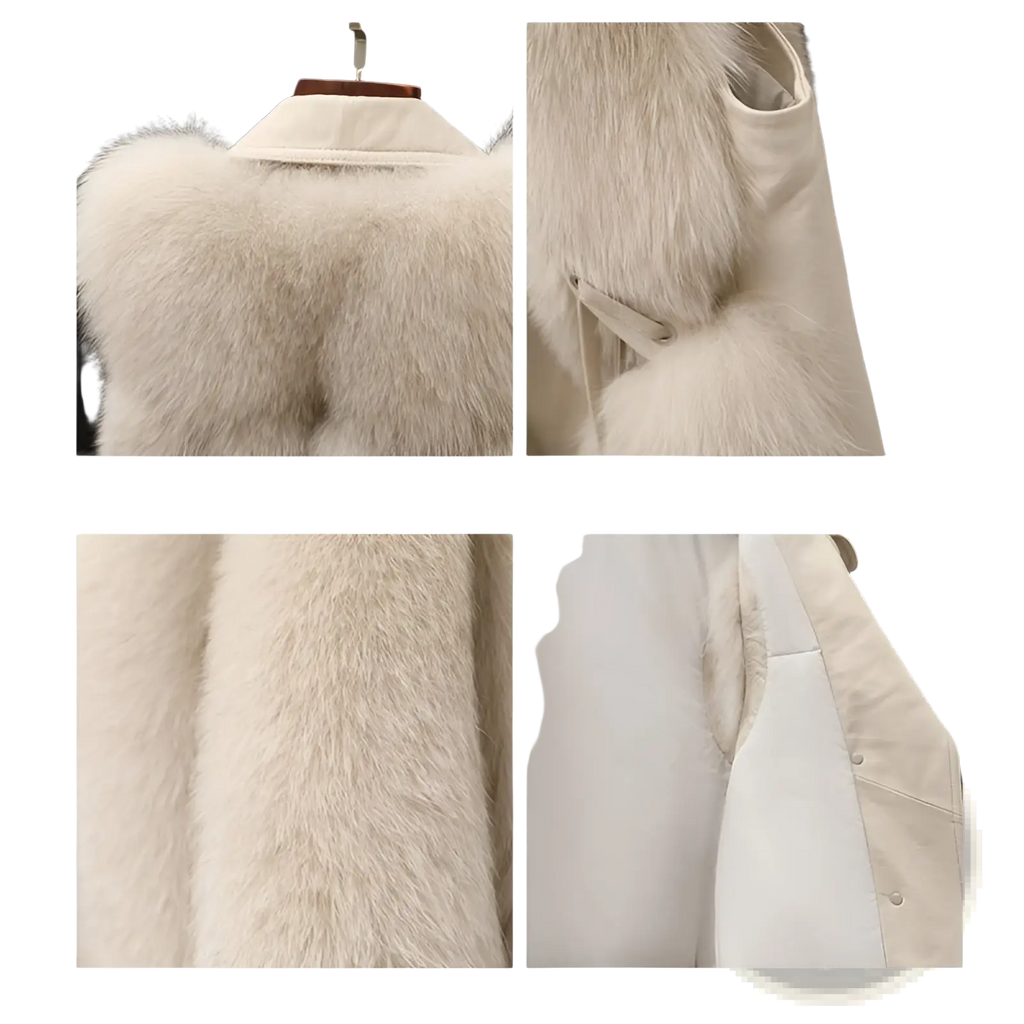 Cream-colored faux fur leather collar vest with a sleek structured design and soft plush texture