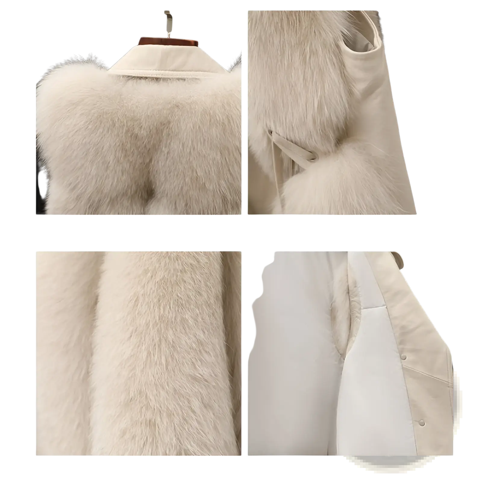 Cream-colored faux fur leather collar vest with a sleek structured design and soft plush texture
