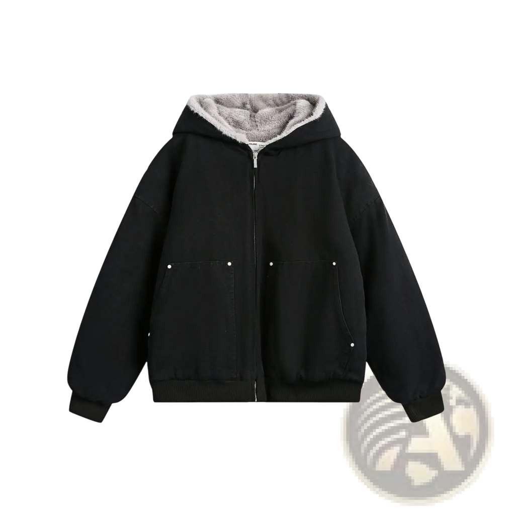 Black faux fur lined cotton padded zip-up hoodie with gray sherpa hood and silver snap button pockets for winter use