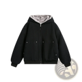 Black faux fur lined cotton padded zip-up hoodie with gray sherpa hood and silver snap button pockets for winter use