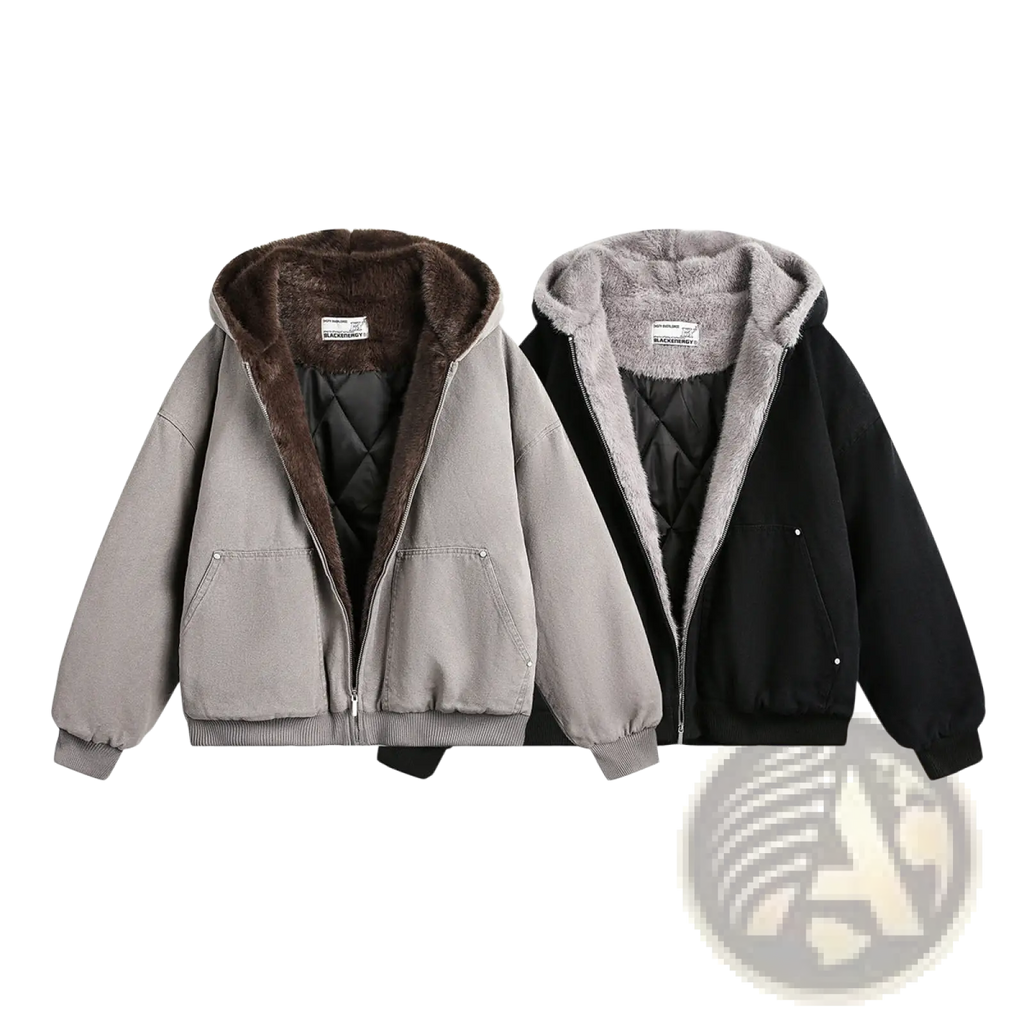 Gray and black hooded faux fur lined cotton padded winter coats with plush quilted interiors for men and women