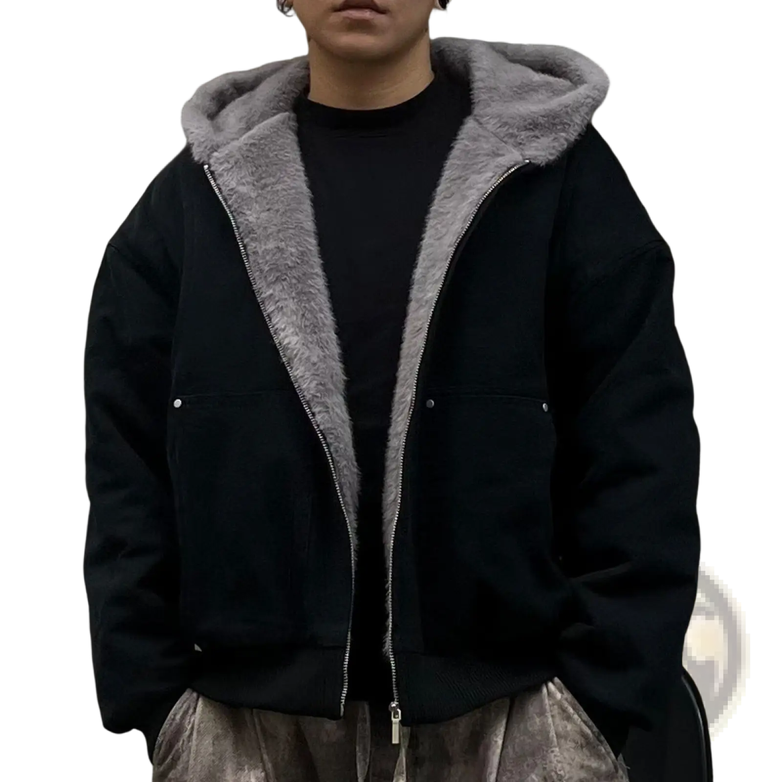 Black hooded cotton padded winter coat with plush gray faux fur lining and silver zipper accents for men and women