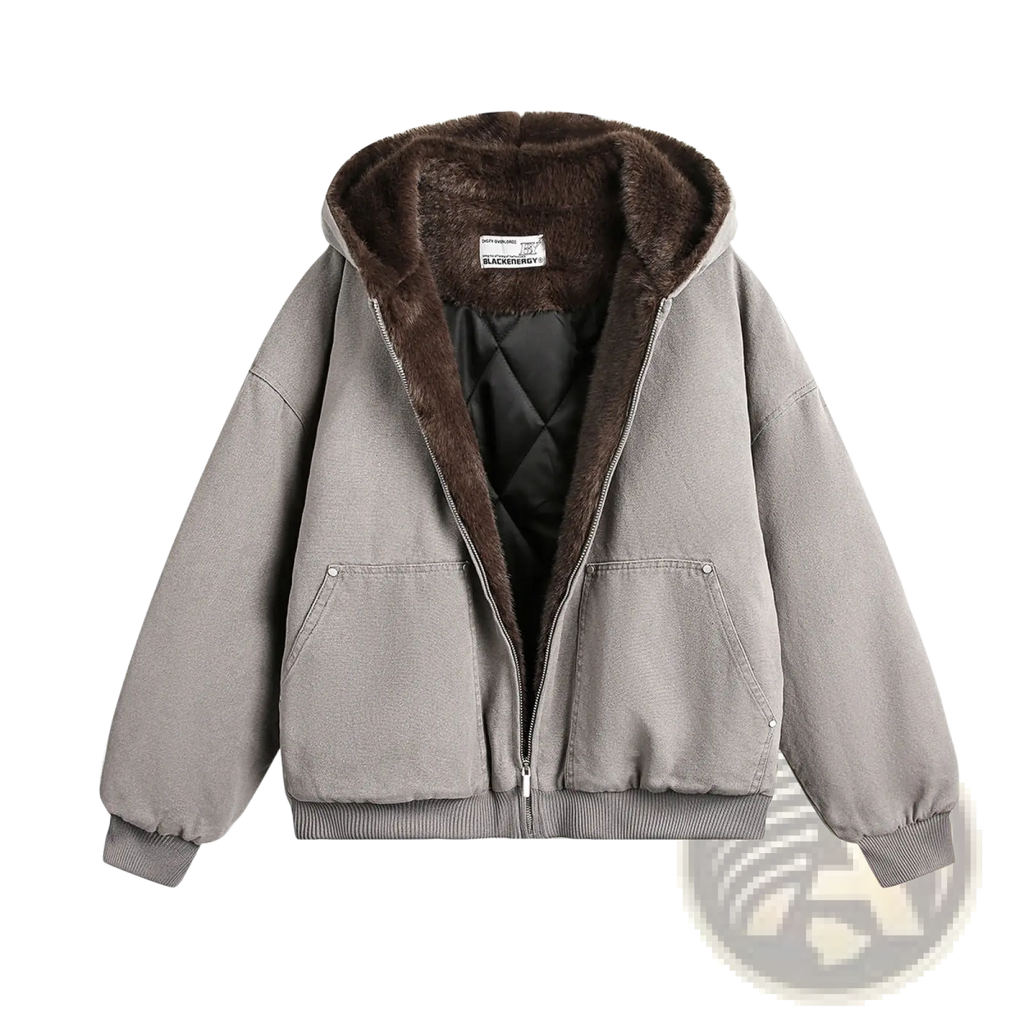 Gray hooded faux fur lined cotton padded winter coat with plush brown fur interior and quilted black lining for men and women