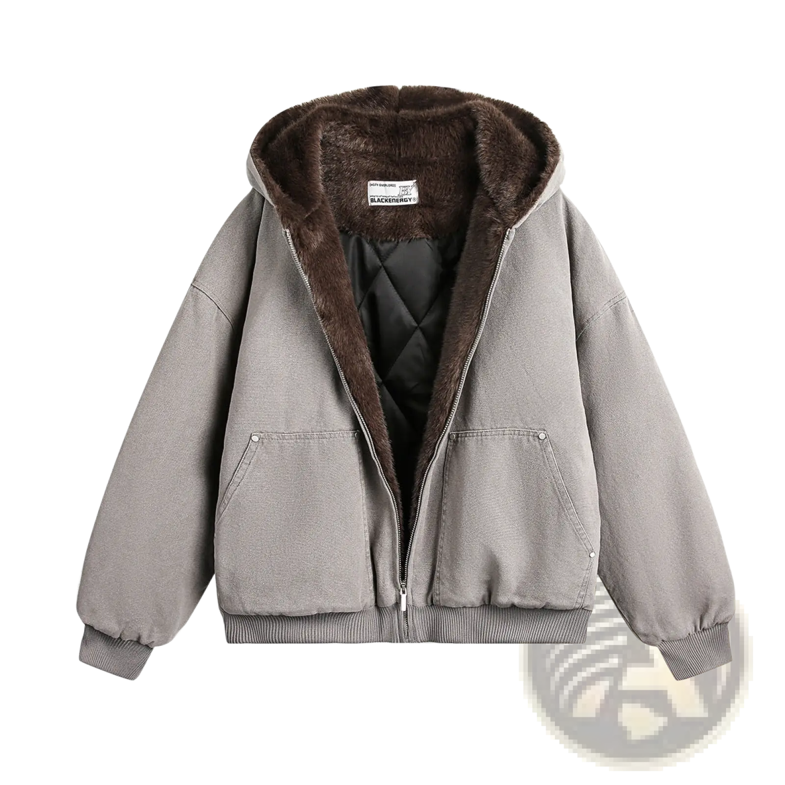 Gray hooded faux fur lined cotton padded winter coat with plush brown fur interior and quilted black lining for men and women