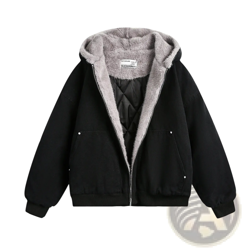 Black hooded faux fur lined cotton padded winter coat with gray plush lining and quilted interior for men and women