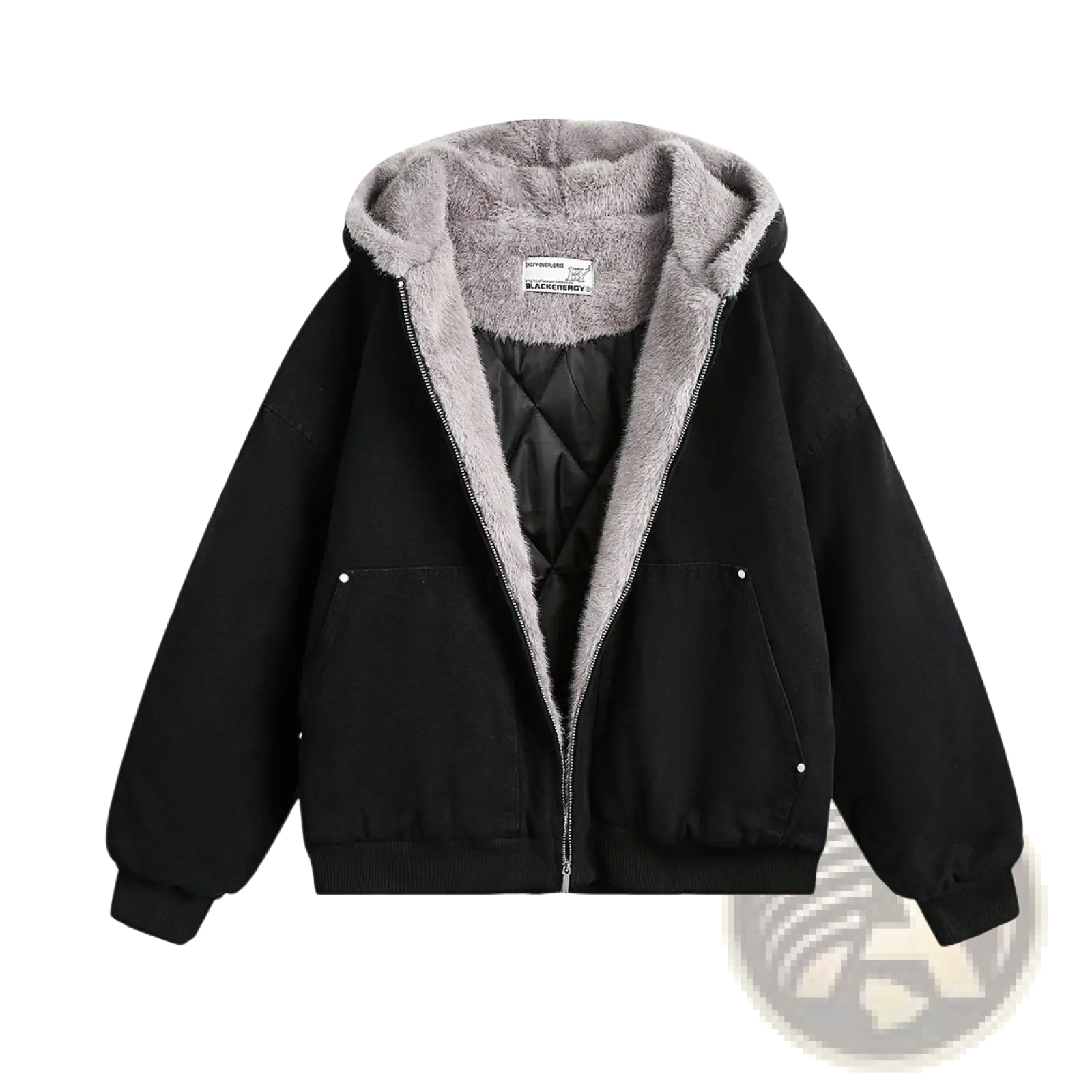 Black hooded faux fur lined cotton padded winter coat with gray plush lining and quilted interior for men and women