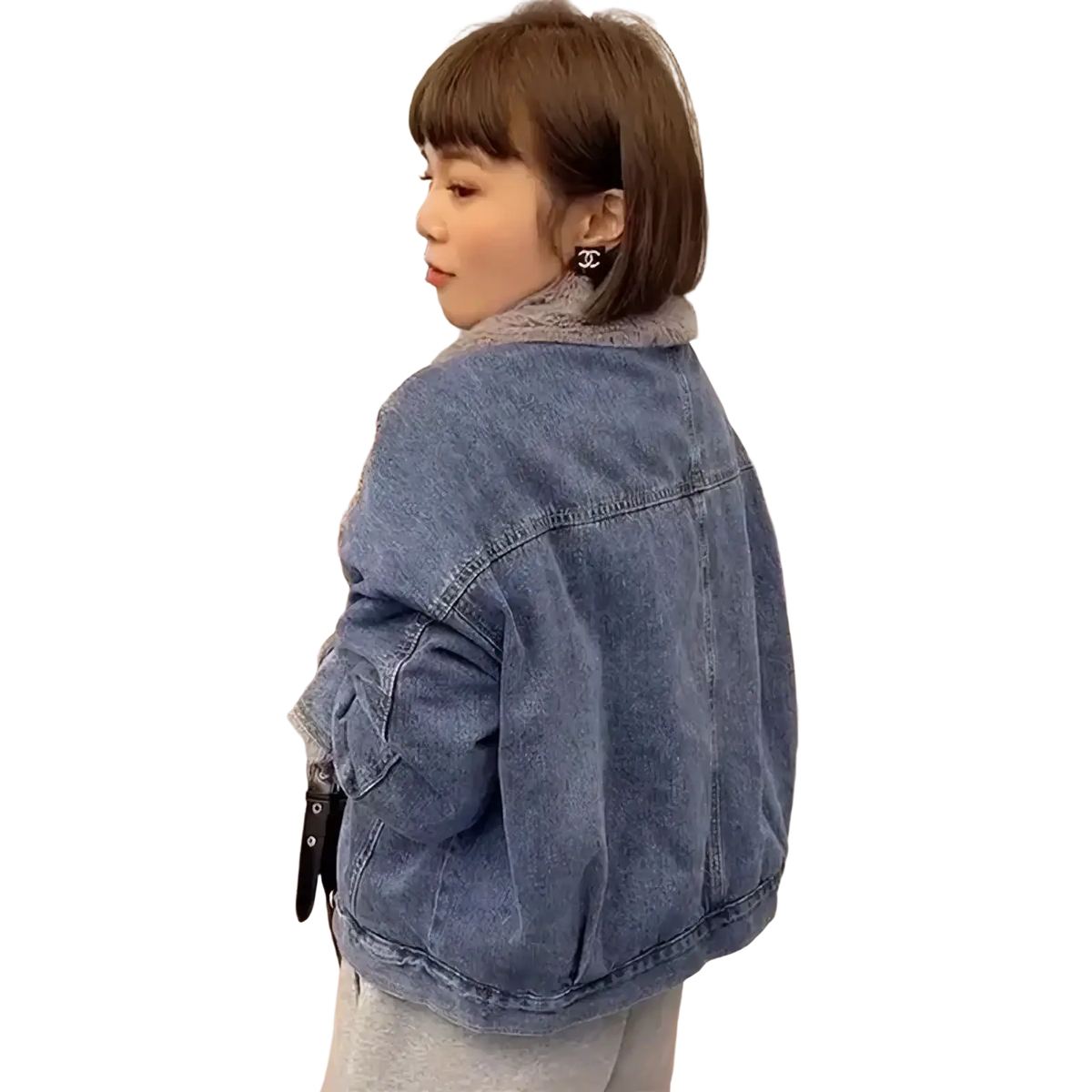 Blue denim jacket with fuzzy gray faux fur lined collar for women winter outerwear