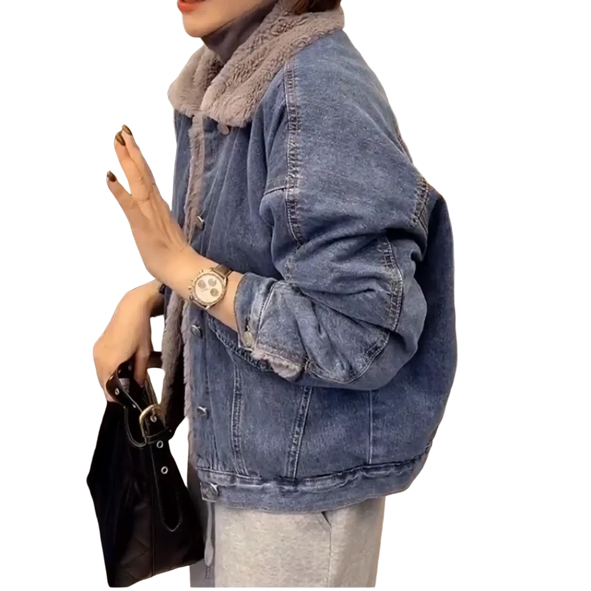 Blue denim jacket with plush gray faux fur shearling collar for women winter wear