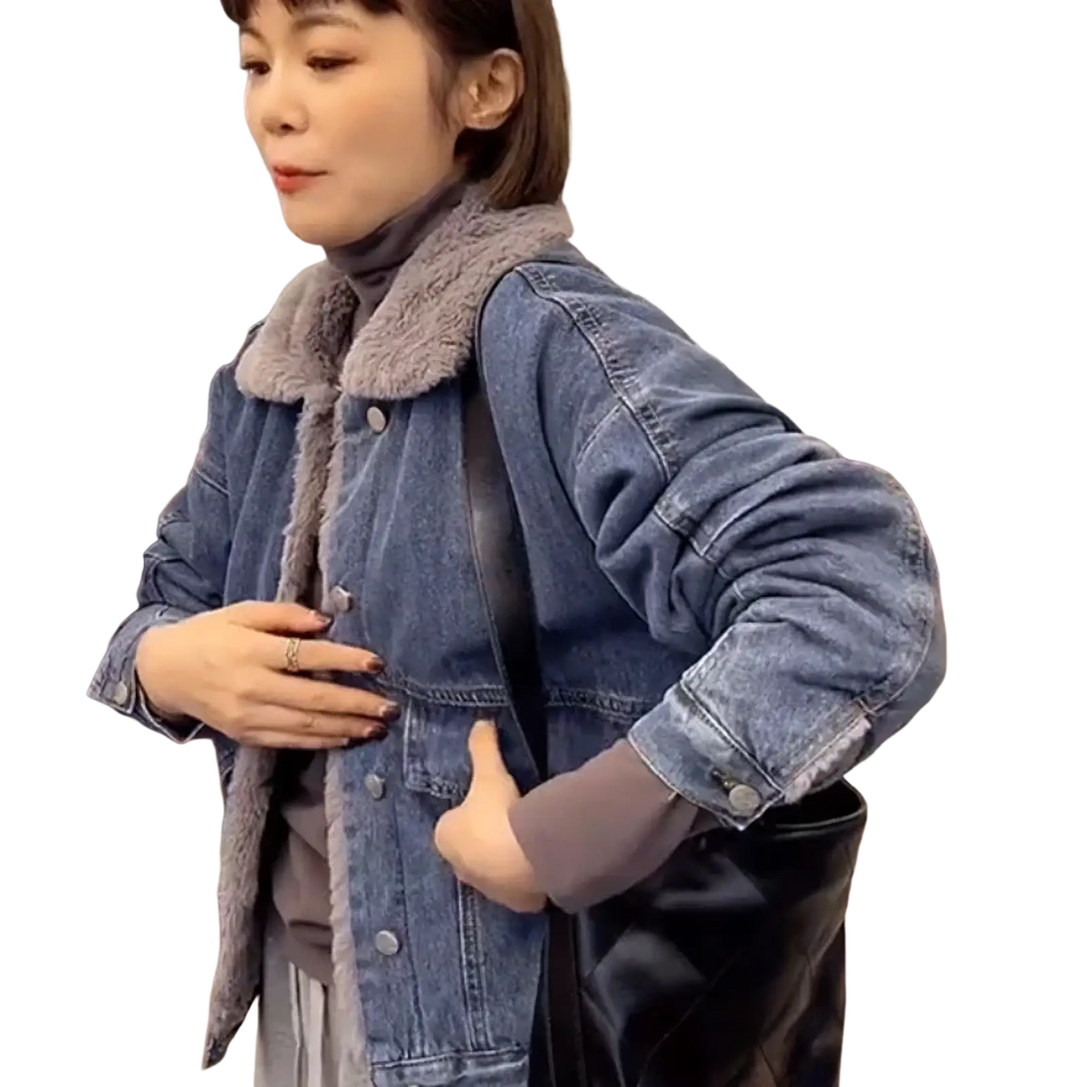 Blue denim jacket with plush gray shearling collar faux fur lined for women winter outerwear