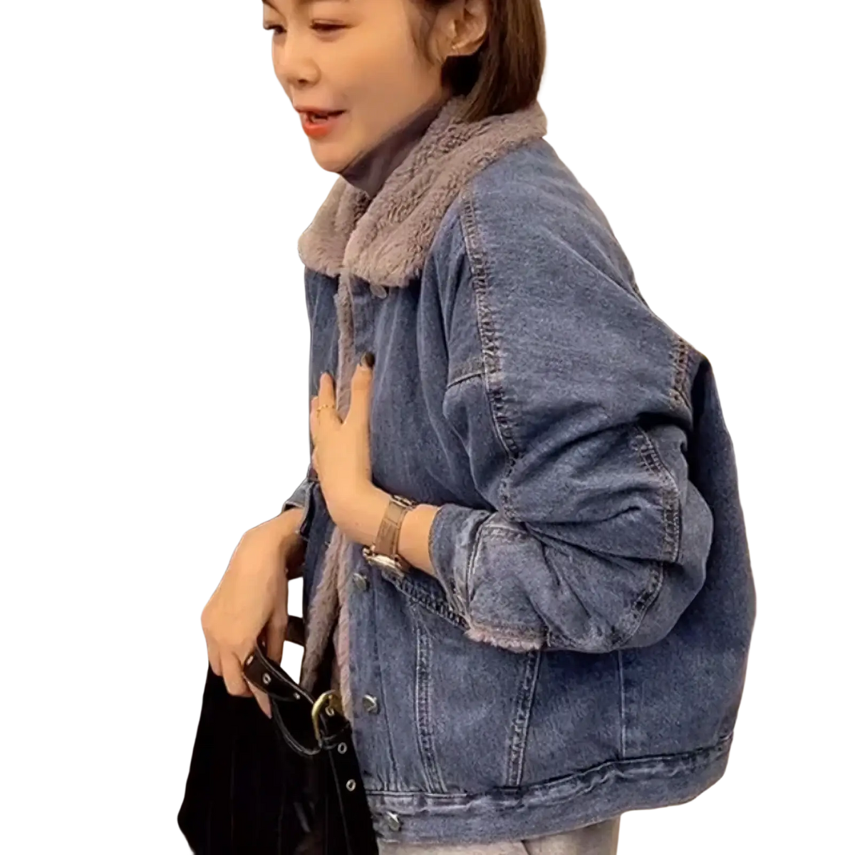 Blue denim jacket for women with plush gray faux fur lined shearling collar ideal for winter wear