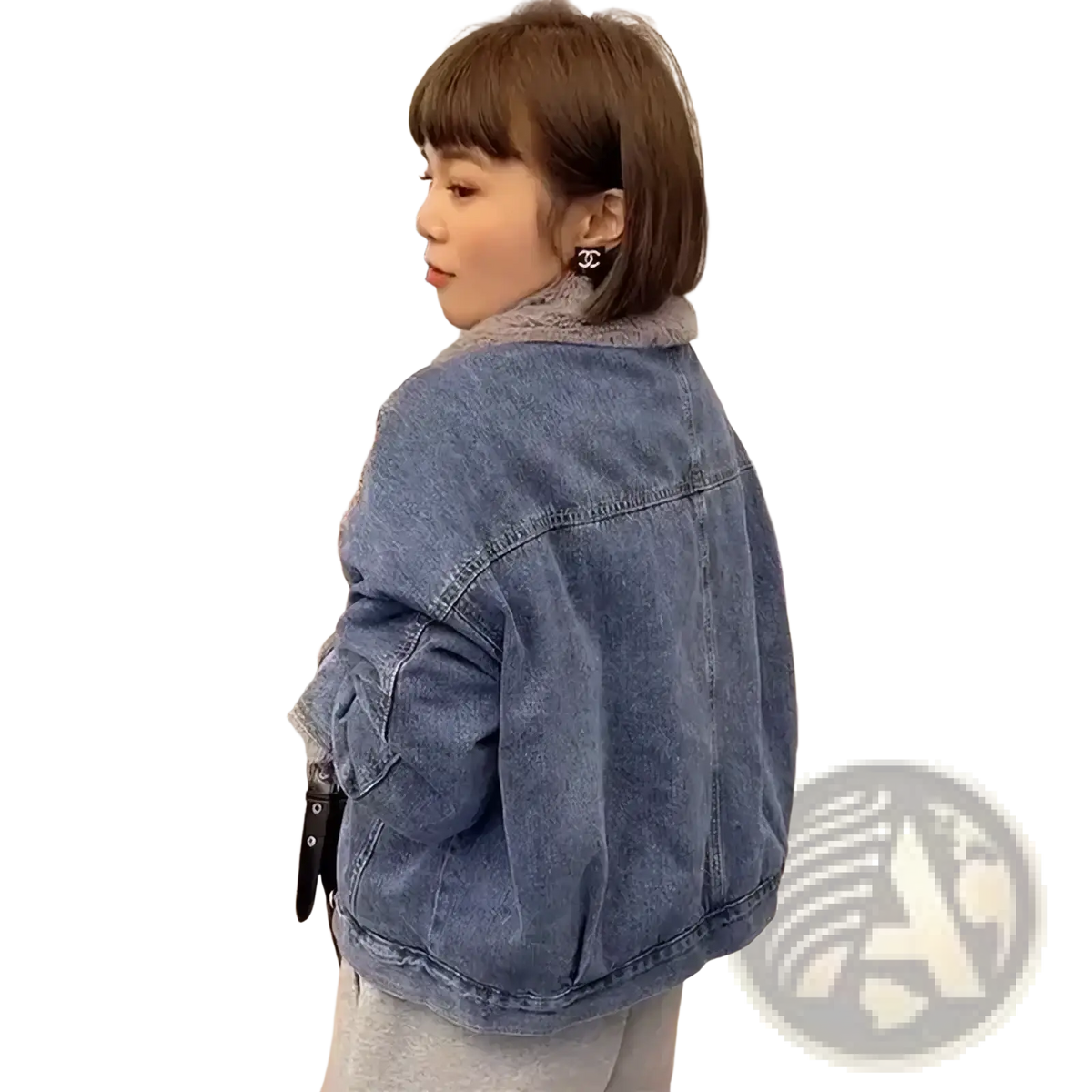 Blue denim jacket with fuzzy gray faux fur lined collar for women winter outerwear