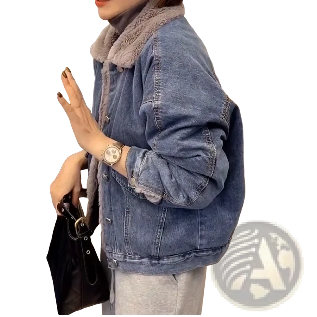 Blue denim jacket with plush gray faux fur shearling collar for women winter wear