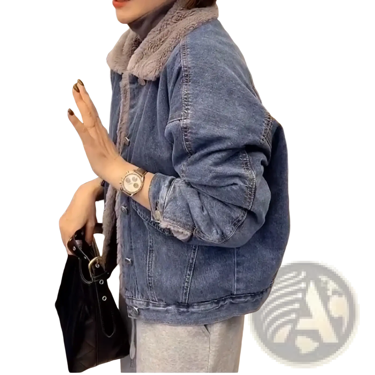 Blue denim jacket with plush gray faux fur shearling collar for women winter wear