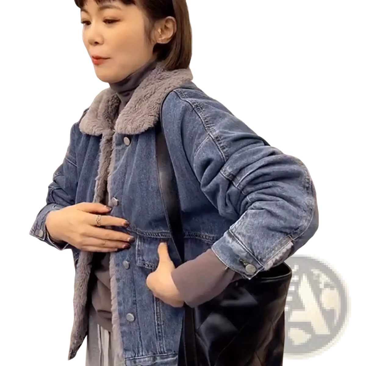 Blue denim jacket with plush gray shearling collar faux fur lined for women winter outerwear