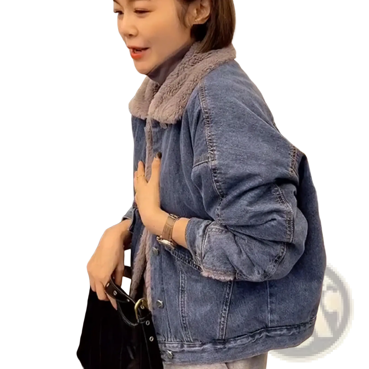 Blue denim jacket for women with plush gray faux fur lined shearling collar ideal for winter wear