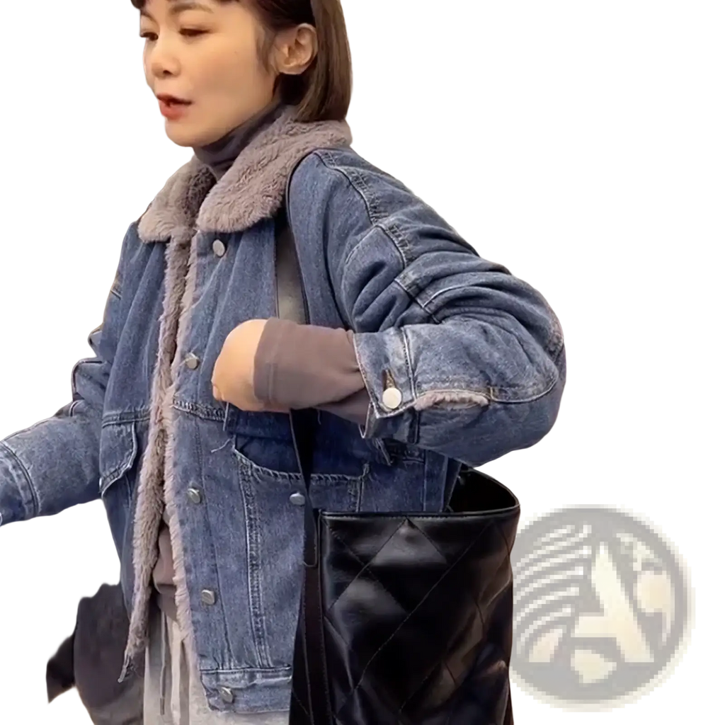 Black quilted leather tote bag paired with faux fur lined denim jacket for women winter fashion use