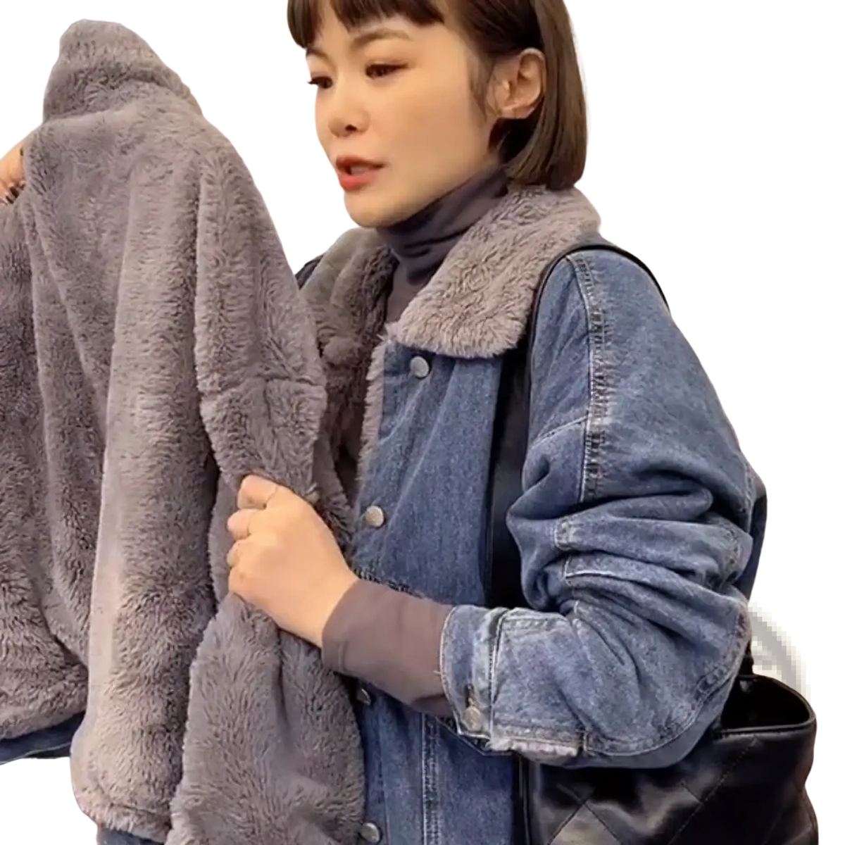 Gray faux fur lined denim jacket for women featuring warm lining ideal for winter wear