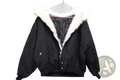 Black faux fur lined hooded winter bomber jacket with white fur-lined hood and quilted interior for cold weather