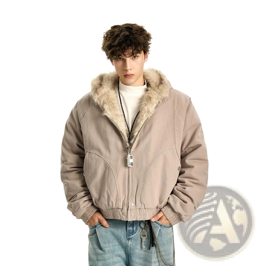 Beige faux fur lined hooded winter bomber jacket with plush light brown fur hood and ribbed cuffs front view