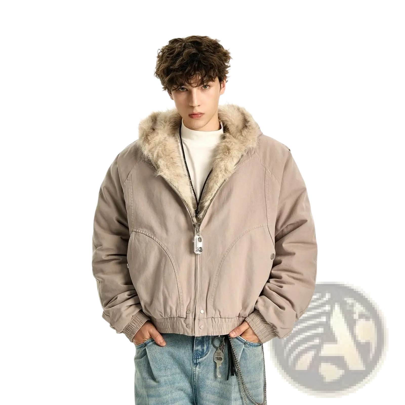 Beige faux fur lined hooded winter bomber jacket with plush light brown fur hood and ribbed cuffs front view
