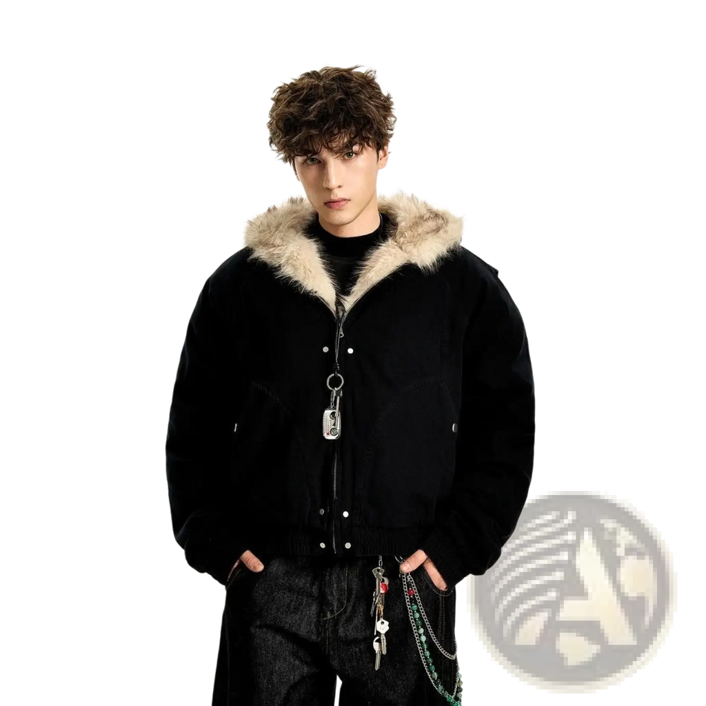 Black velvet bomber jacket with light beige faux fur lined hood designed for winter wear