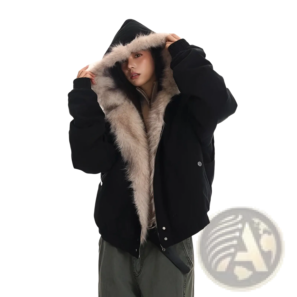 Black puffer jacket with plush light brown faux fur-lined hood designed as a winter bomber jacket