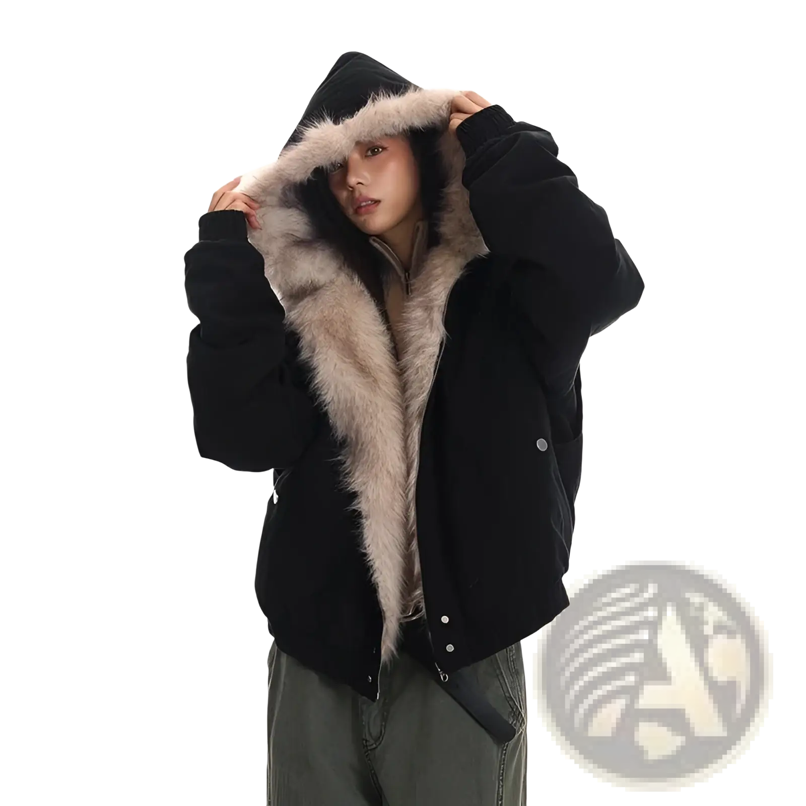 Black puffer jacket with plush light brown faux fur-lined hood designed as a winter bomber jacket
