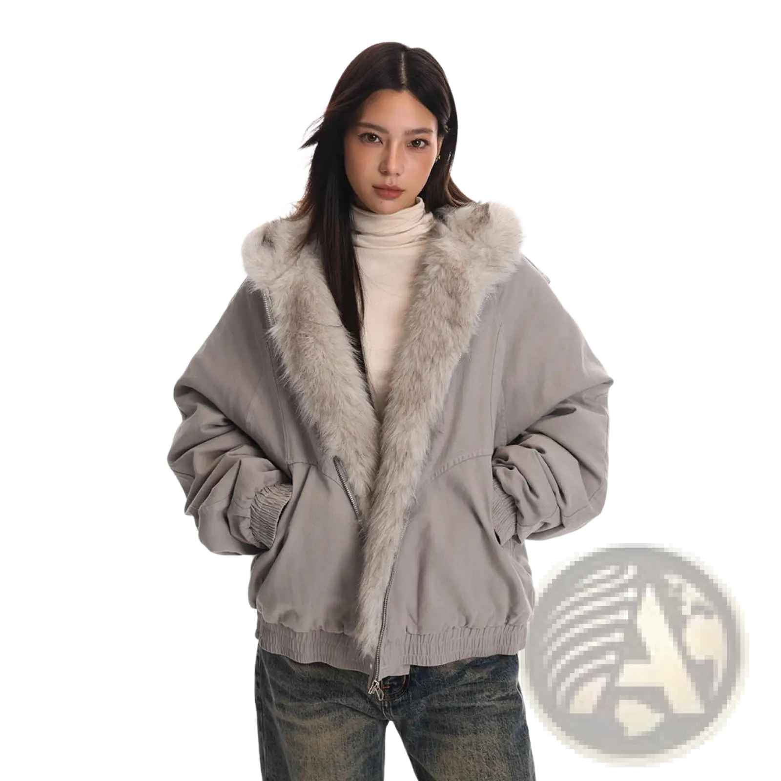 Gray bomber jacket with plush light gray faux fur lined hood and ribbed cuffs for winter wear