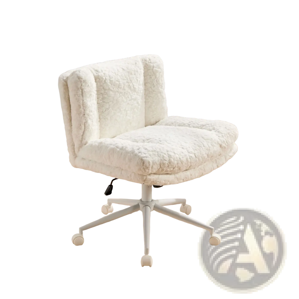 White fluffy faux fur office chair with wide seat swivel and plush textured fabric on five-star base