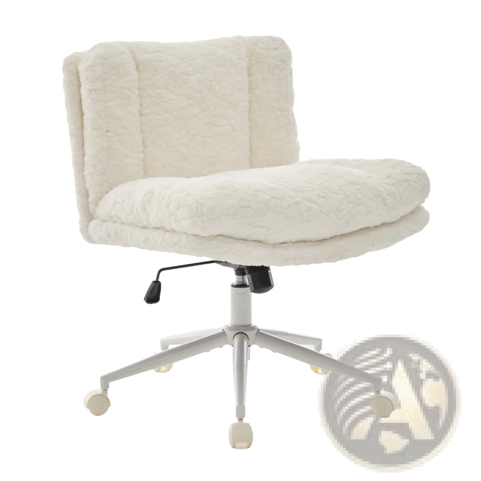 White faux fur office chair with plush upholstery and metallic silver base designed for swivel vanity use