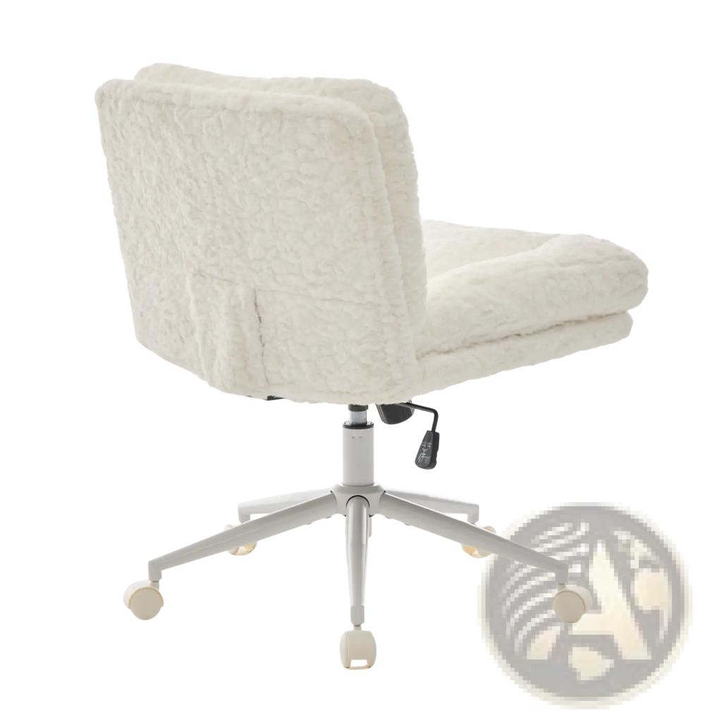 White faux fur office chair with plush textured upholstery and sleek metallic base for swivel vanity use