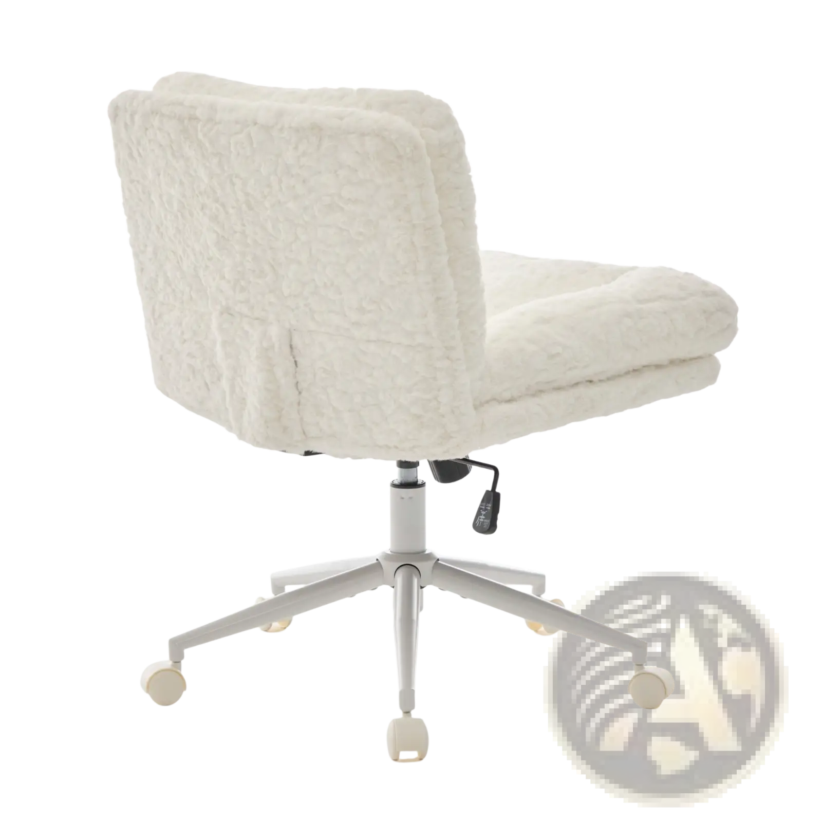 White faux fur office chair with plush textured upholstery and sleek metallic base for swivel vanity use