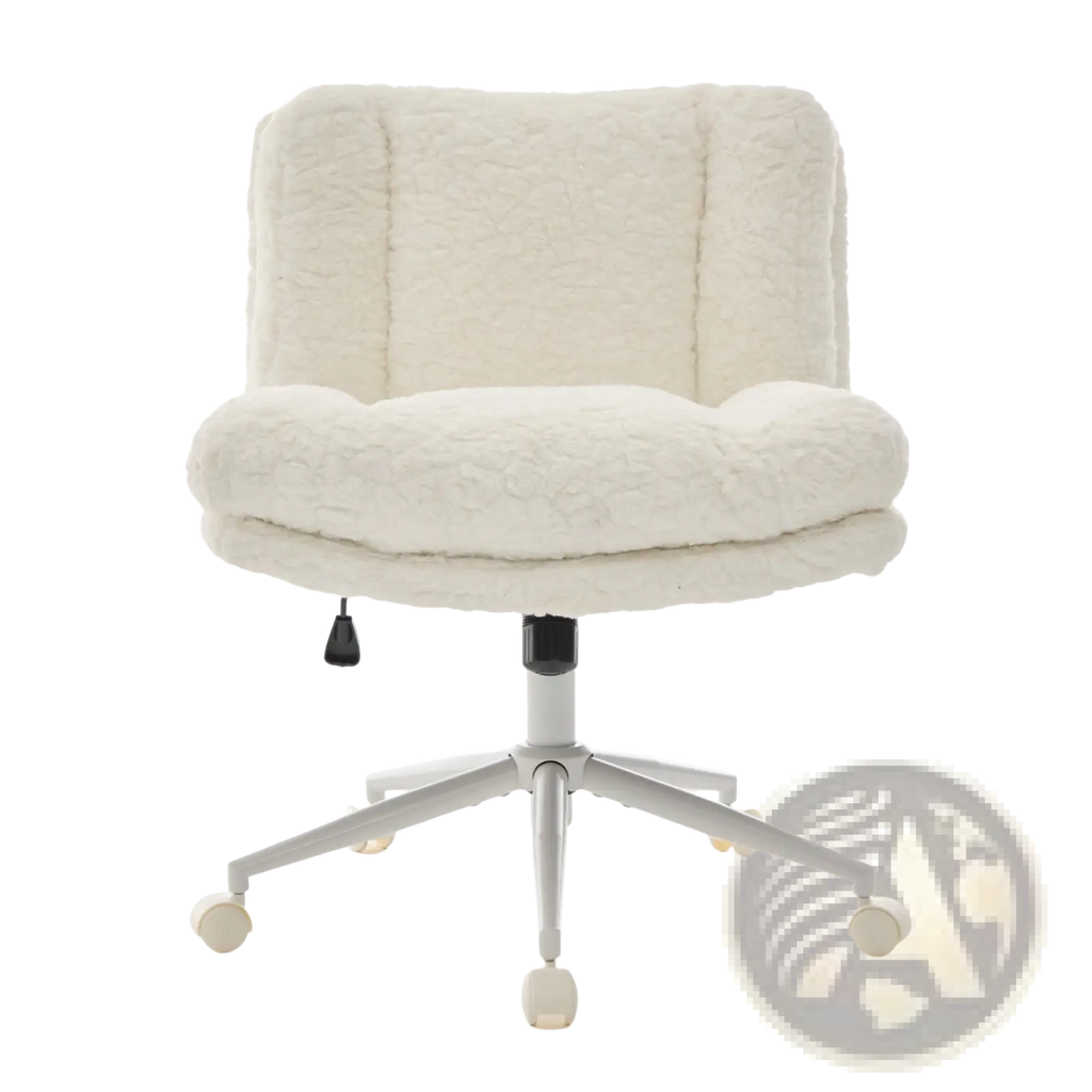 Cream-colored plush sheepskin faux fur office chair with wide seat swivel and silver metal base with caster wheels