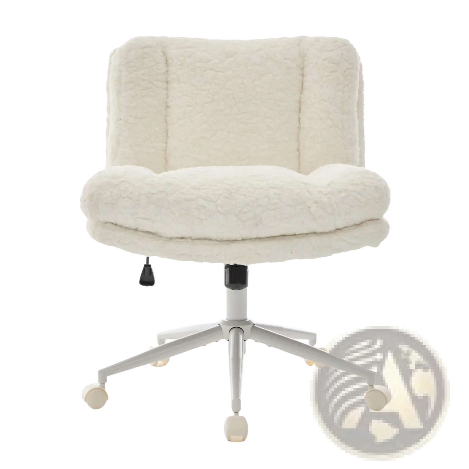 Cream-colored plush sheepskin faux fur office chair with wide seat swivel and silver metal base with caster wheels